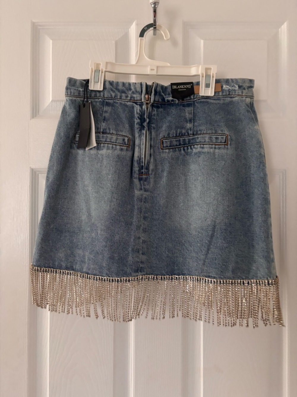 BLANKYC denim mink skirt with rhinestone fringe - Picture 6 of 11